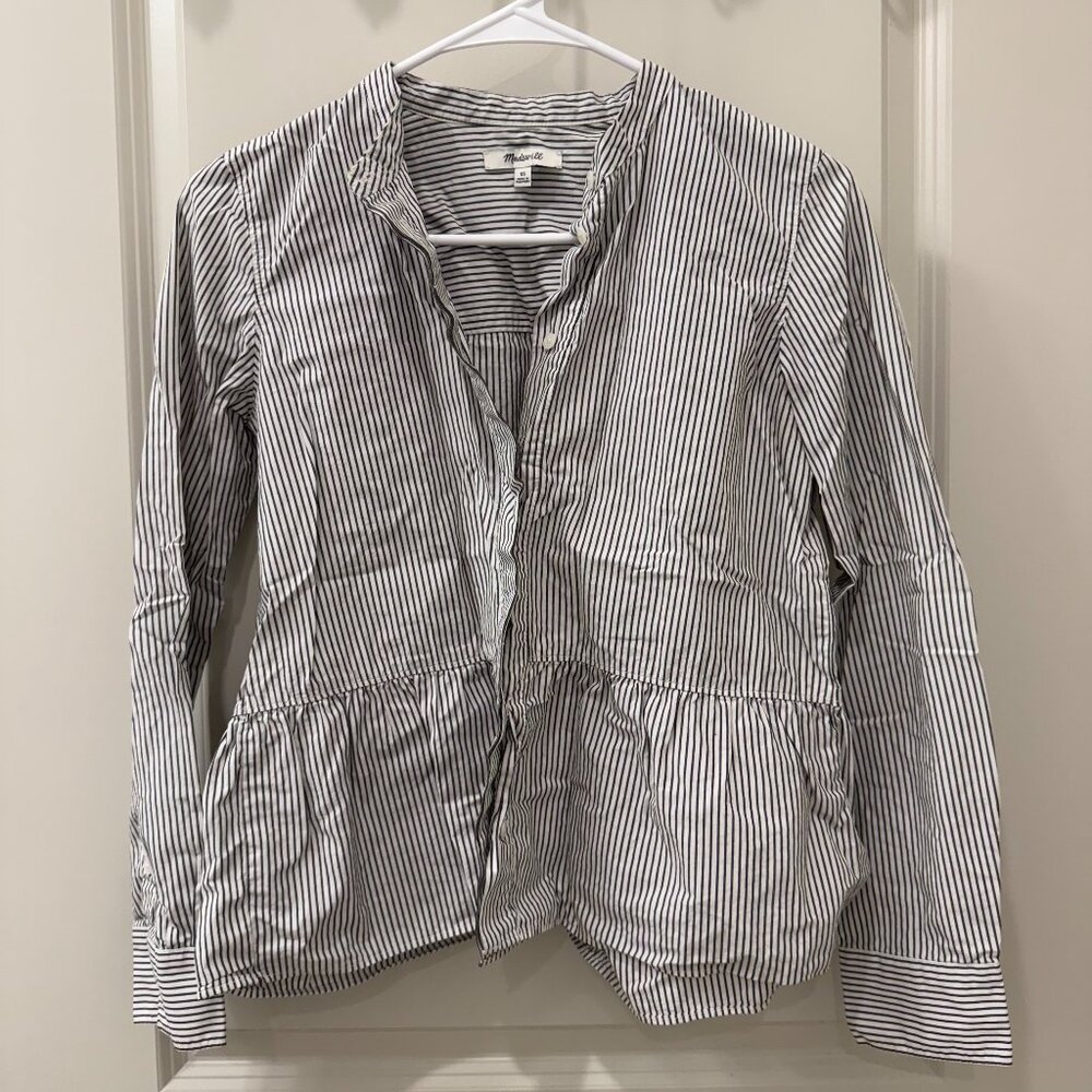 Madewell Lakeside Gray White Stripe Peplum Blouse Top XS Button Down Basic